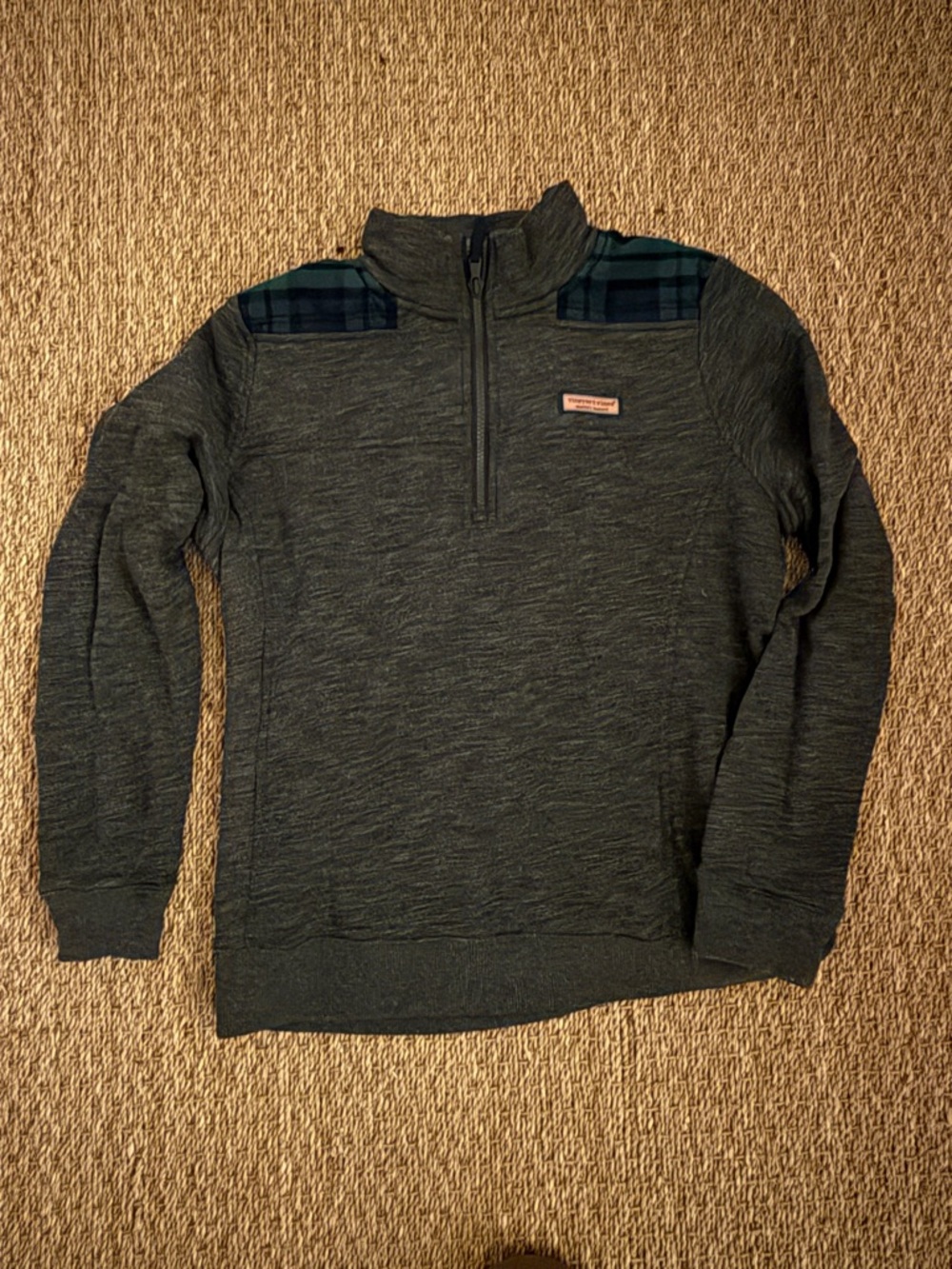 Vineyard Vines Men's Charcoal Quarter-Zip Sweater with Dark Plaid Shoulders